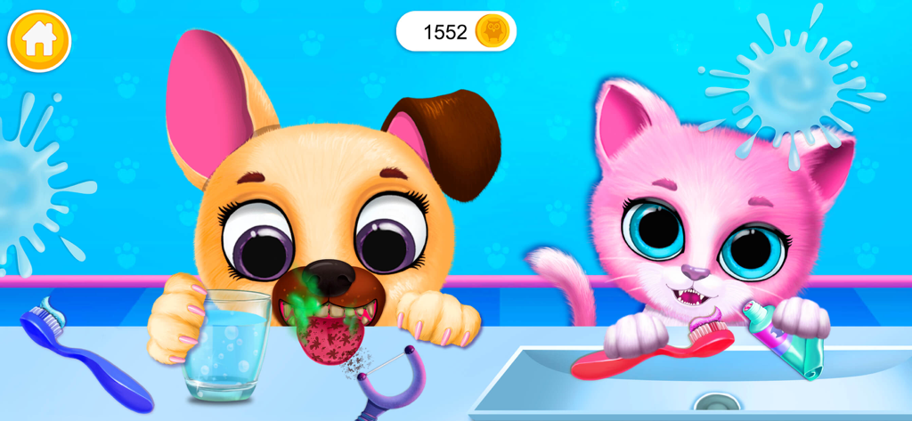 A cadela Fifi e a gata Kiki aprendendo a escovar os dentes em um jogo de cuidados com animais virtuais para crianças.