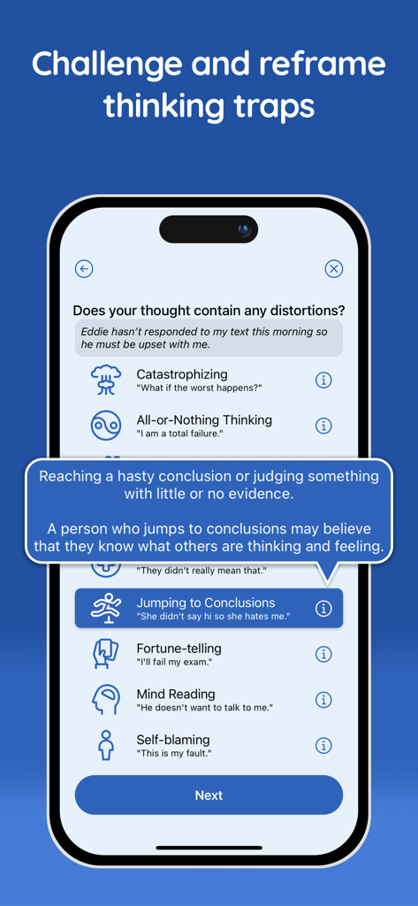 Clarity: CBT Self Help Journal - Mobile app screen showing a list of cognitive distortions and thinking traps to help users reframe their thoughts in the Clarity CBT journal.