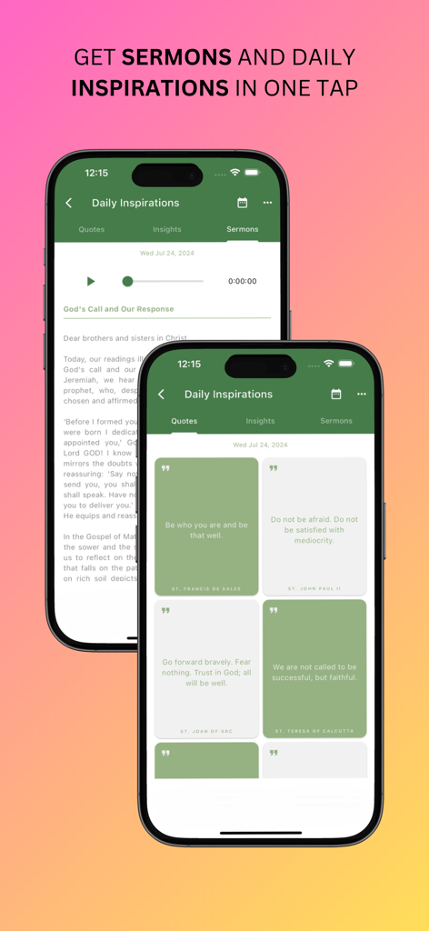 Catholic Daily Mass Reading - Catholic Daily Mass Reading app interface showing daily sermons and inspirational quotes from saints