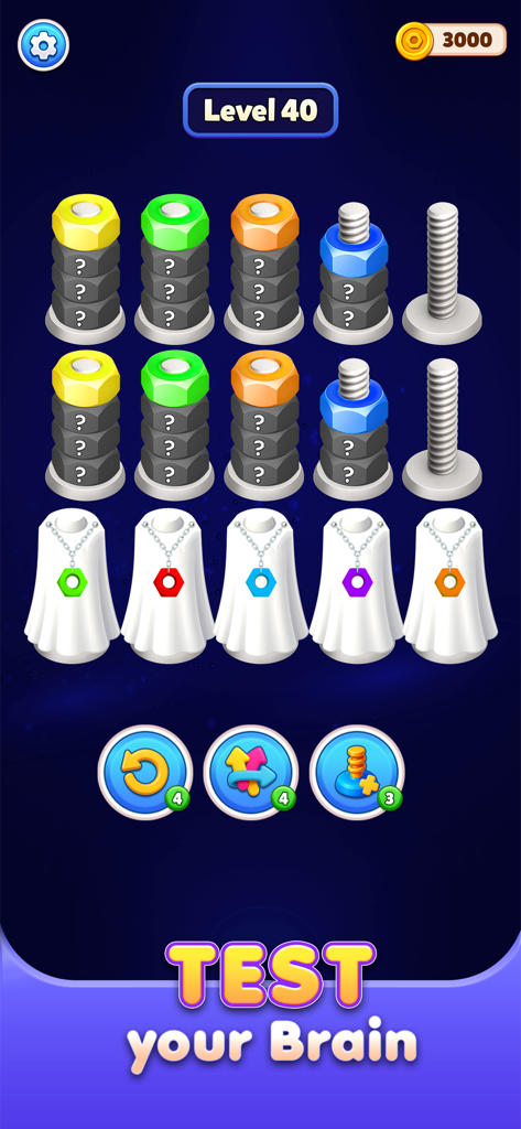 Nut Sort 3D: Color Match - Una captura de pantalla de Nut Sort 3D que muestra tuercas coloridas apiladas en tornillos en el nivel 40 con el texto Test your Brain.