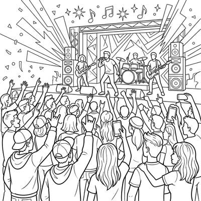 Feel the energy of a live concert with this dynamic coloring page featuring a rock band and an enthusiastic crowd. It's the perfect way to unleash your creativity and bring the magic of music to life with color.