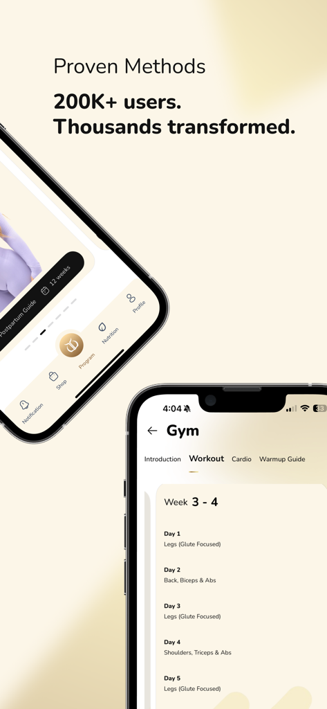 Good Fitness app displaying a structured weekly gym workout plan for women