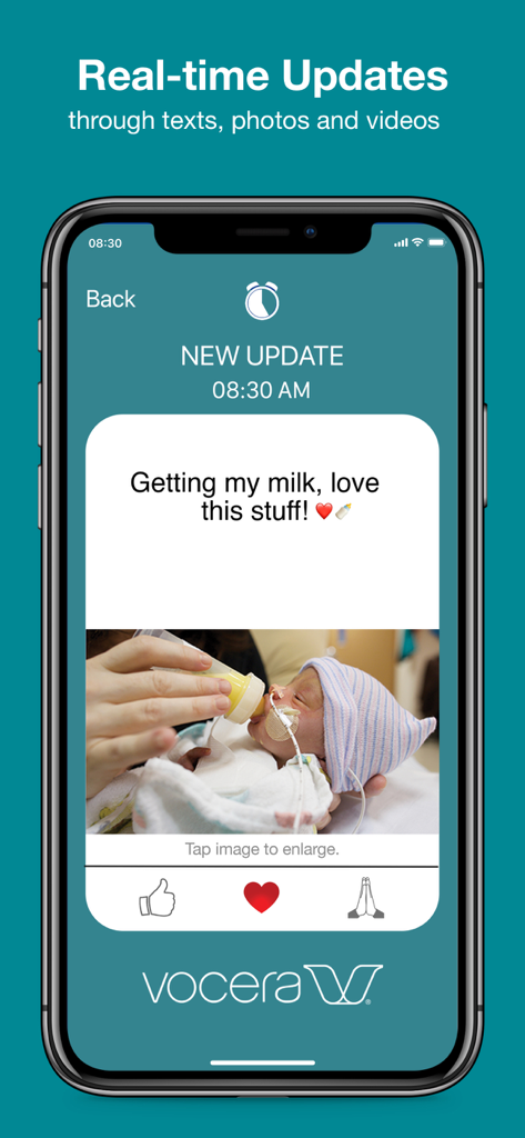 Ease Applications Messaging - Screenshot of Ease Applications Messaging showing a real-time photo and text update of a baby in a hospital NICU.