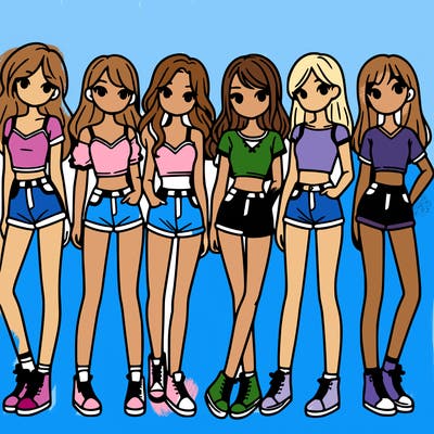 a group of girls wearing crop tops and shorts