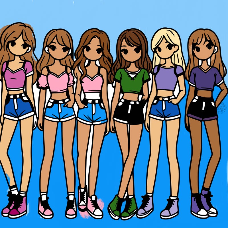 a group of girls wearing crop tops and shorts