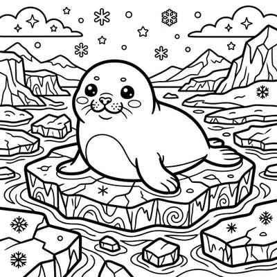 Embark on a delightful arctic adventure with this charming Kawaii Seal on Ice coloring page. This adorable design features a cute seal ready for your creative touch amidst a snowy landscape.