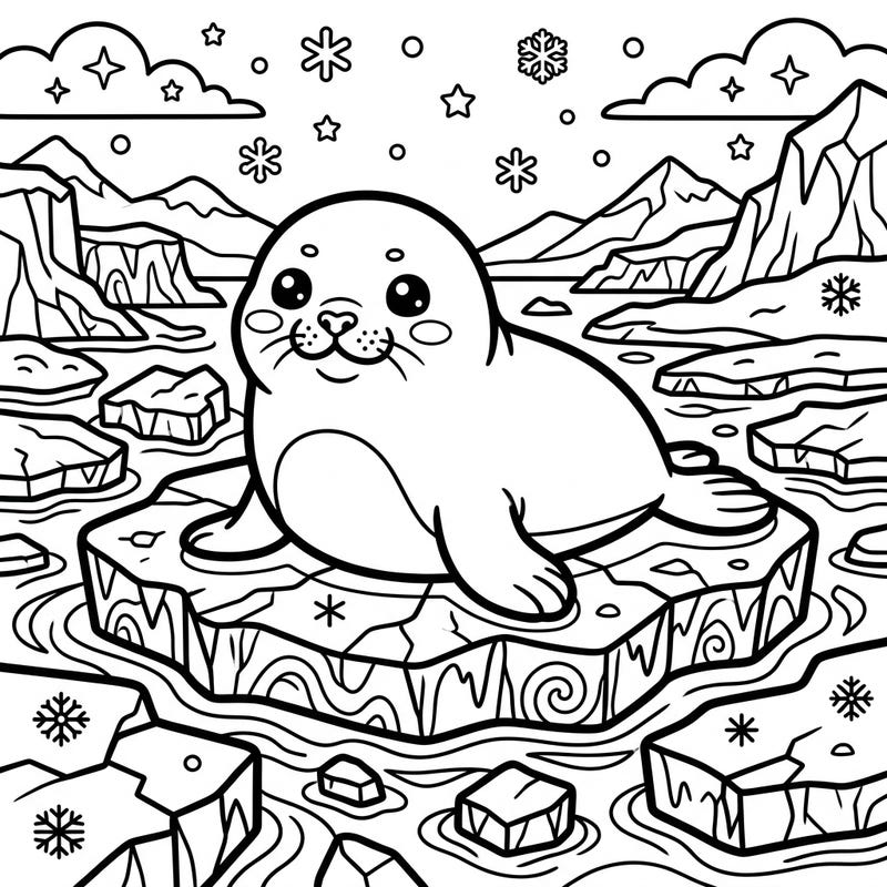 Embark on a delightful arctic adventure with this charming Kawaii Seal on Ice coloring page. This adorable design features a cute seal ready for your creative touch amidst a snowy landscape.