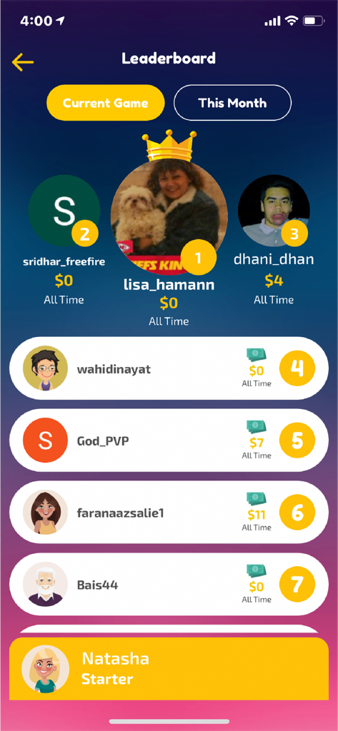 Play and Win -Win Cash Prizes! - Play and Winアプリで、トップトリビアプレイヤーとその現金賞金を表示するリーダーボード画面。