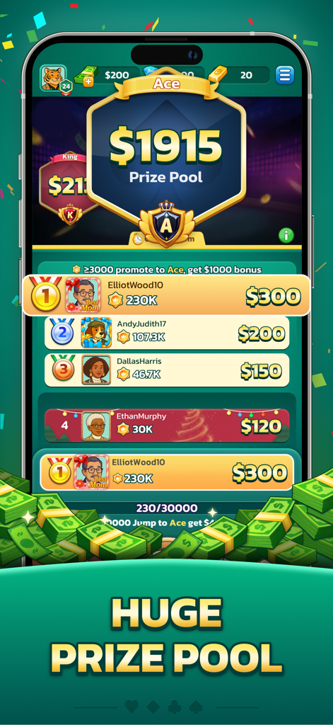 Solitaire Tycoon™-Win Cash App - Clasificación en Solitaire Tycoon mostrando jugadores y premios en efectivo de un gran pozo de torneo