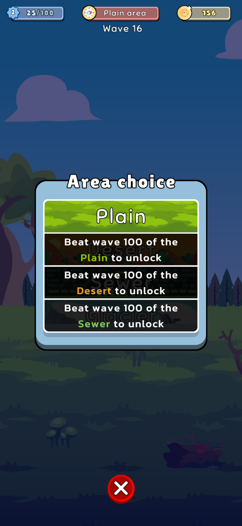 Gebietsauswahl-Bildschirm in Pause Game, der Voraussetzungen für das Freischalten von Levels zeigt