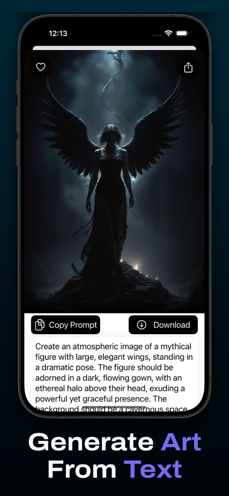 AI Art Generator-Image Creator - Interfaz de una aplicación generadora de arte IA que muestra una figura oscura alada creada a partir de una indicación de texto