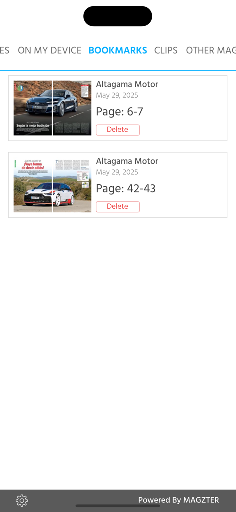 The bookmarks section of the Altagama app displaying saved automotive magazine articles.