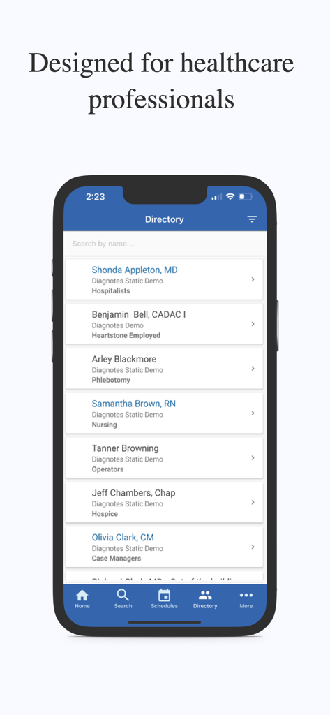 Backline+ - Backline plus app screen showing a staff directory for healthcare professionals