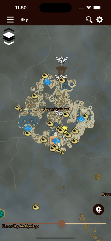 Tears Companion - Interactive map of Great Sky Island showing Korok seeds and shrine locations in the Tears Companion app