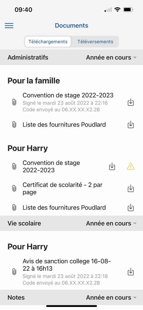 Mon EcoleDirecte - Mobile app interface displaying school administrative documents and student files in Mon EcoleDirecte