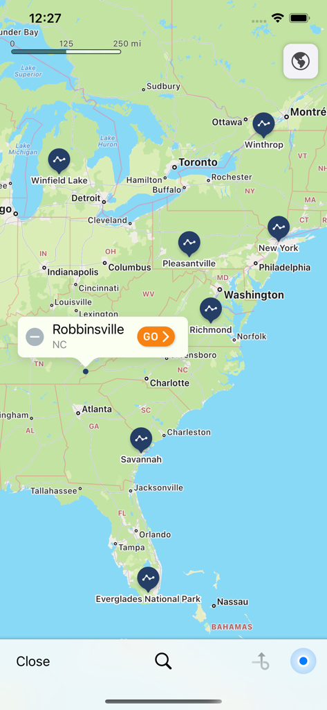 Weather Strip - Interactive weather map showing multiple forecast pins across the Eastern United States