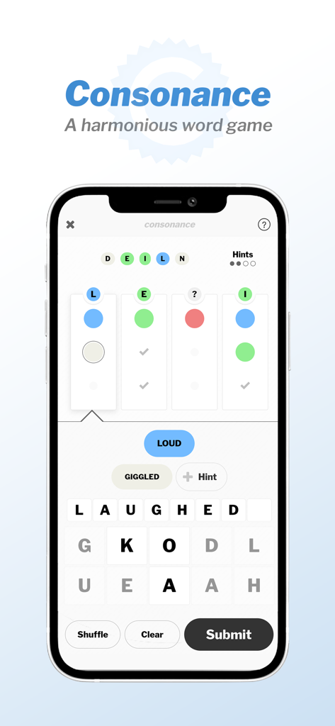 Captura de pantalla móvil del juego de palabras Consonance que muestra un rompecabezas de descifrado de palabras en un iPhone
