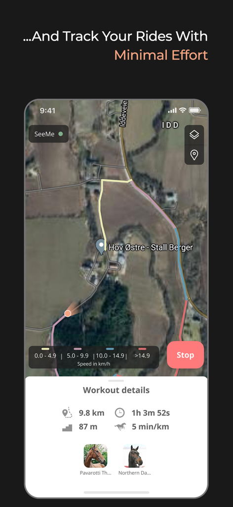 HÆSTR: Horse Care App - A screenshot of the HAESTR app showing a GPS map and workout statistics for a horse ride