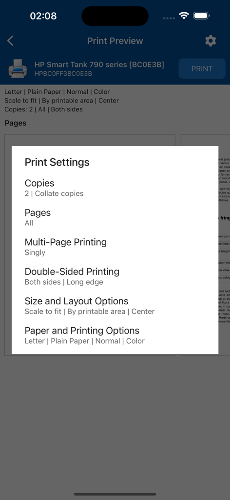 NokoPrint app print settings menu showing options for copies, pages, double-sided printing, and layout.