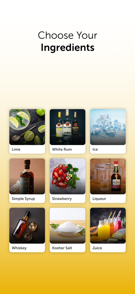 Mixology - Bartender App - Schermata dell'app mobile che mostra una griglia di ingredienti per cocktail come rum, lime e whisky da scegliere per le ricette