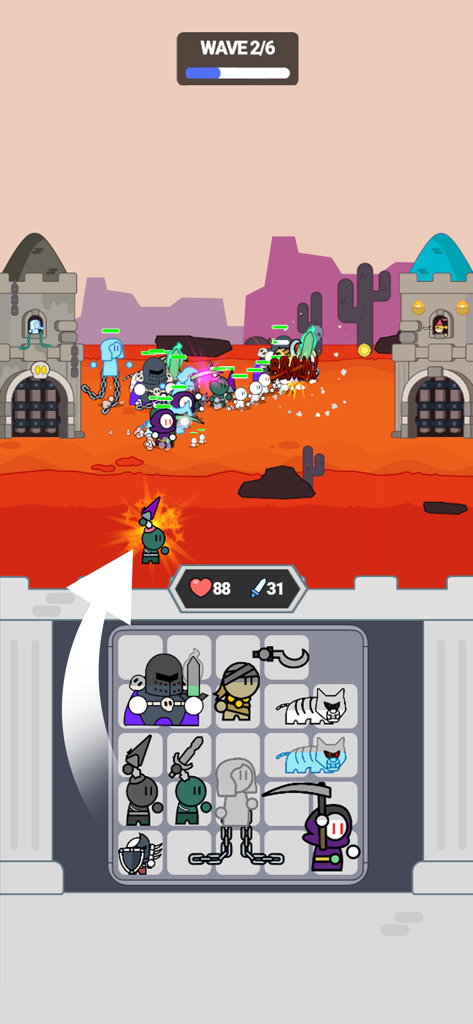 Bag Battle: Units Clash - Bag Battle Units Clash gameplay showing unit management in a bag grid and active combat on a desert battlefield