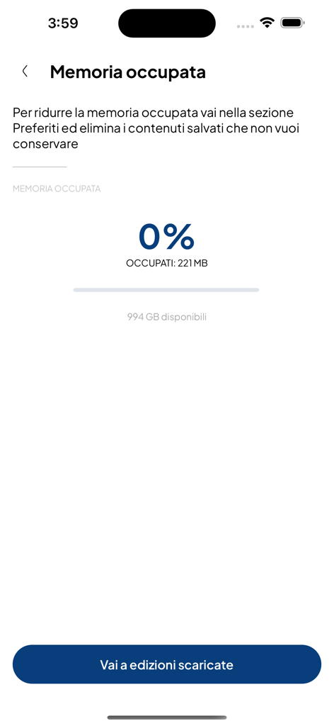 Storage status screen of LArena news app showing occupied memory and available space