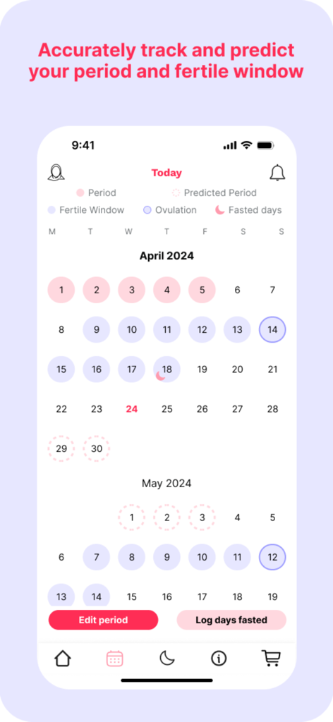 Afifa App: Muslim Women Health - Interfaz de calendario de la aplicación Afifa que muestra el seguimiento del período y los registros de ayuno para mujeres musulmanas
