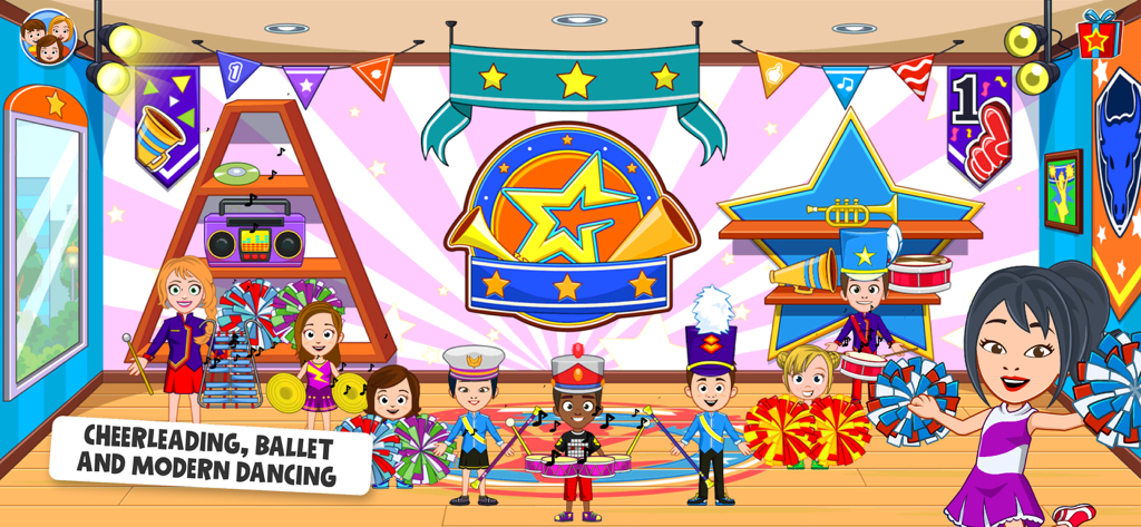 My Town : Dance School - Cartoon characters in a decorated dance school room dressed for cheerleading and marching band