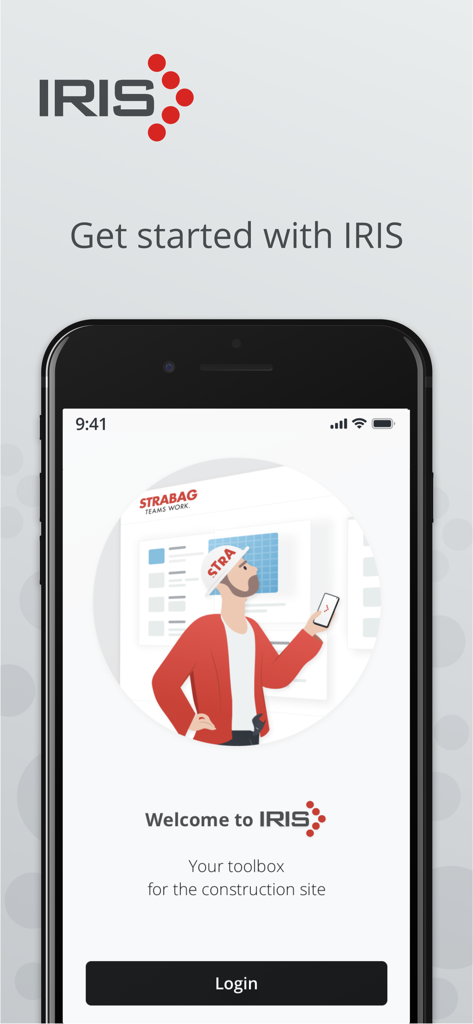 IRIS site - Pantalla de inicio de sesión de la aplicación IRIS site con una ilustración de un trabajador de la construcción