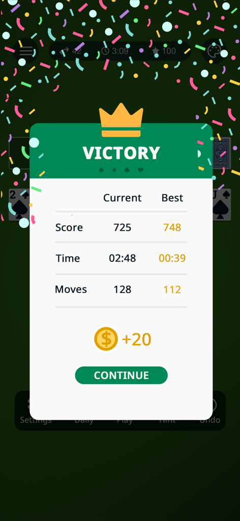 Spider Solitaire: Classic Card - Victory screen in Spider Solitaire showing score time and moves