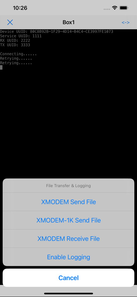 AirTerminal - BLE Terminal - AirTerminal app interface showing XMODEM file transfer and logging options for Bluetooth devices