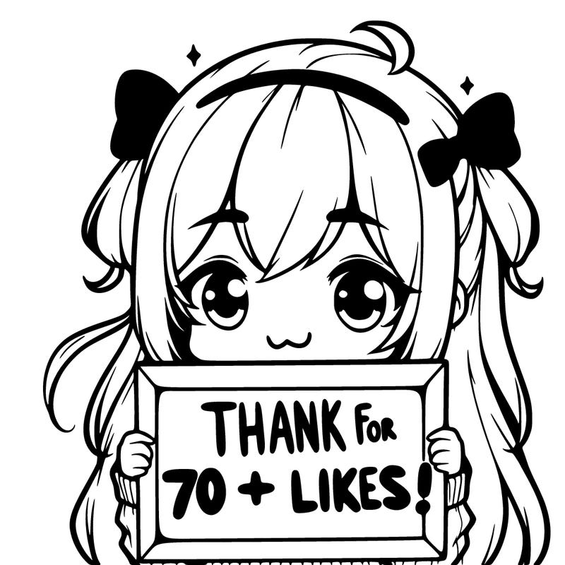 a chibi girl holding up a sign that says thanks for 70+ likes!