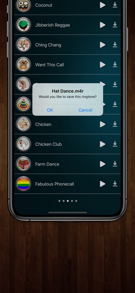 Funny Ringtones Plus - A screenshot of the Funny Ringtones Plus app interface showing a list of sound options and a pop up alert asking to save a ringtone.