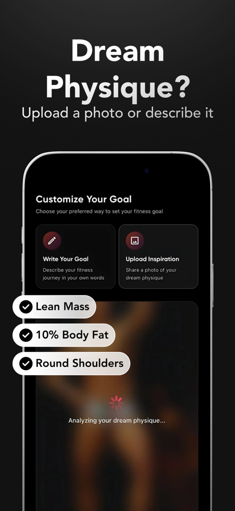 Screenshot of Thelo AI app showing the goal setting interface where users can upload or describe their dream physique for AI analysis with metrics like body fat and lean mass.