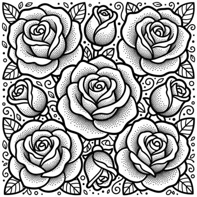 Dive into a charming world of blossoms with this Kawaii Dot Work Rose coloring page. Its unique blend of cute rose motifs and intricate dotted details promises a delightful artistic escape.