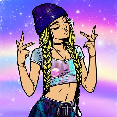 realistic teenage girl with braids and a beanie and crop top doing 🫶🏼