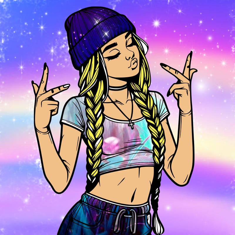 realistic teenage girl with braids and a beanie and crop top doing 🫶🏼