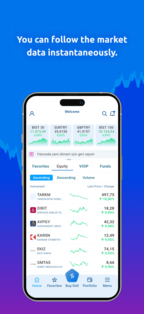 Screenshot dell'interfaccia dell'app mobile N Kolay Trader che mostra dati di mercato in tempo reale e un elenco di prezzi delle azioni.