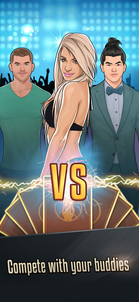 Deux hommes et une femme présentés dans un écran de bataille de cartes compétitif dans le simulateur de rencontres PUA.