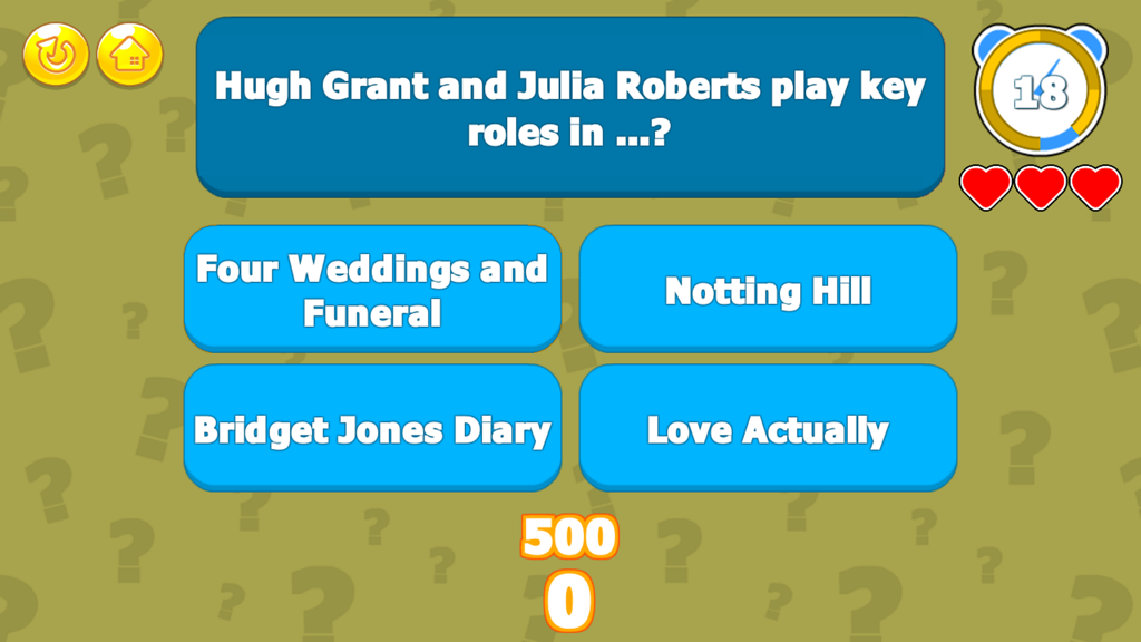 A movie trivia game screen asking a question about actors Hugh Grant and Julia Roberts with multiple choice answers and a countdown timer.