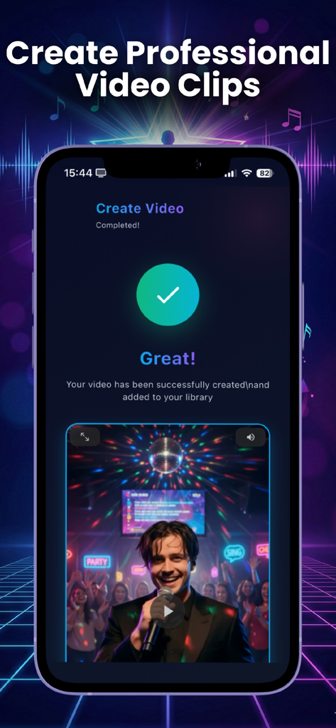 Ayro: AI Music & Create Singer - A mobile app screen showing a successfully completed AI music video with a preview of a singer performing in a club