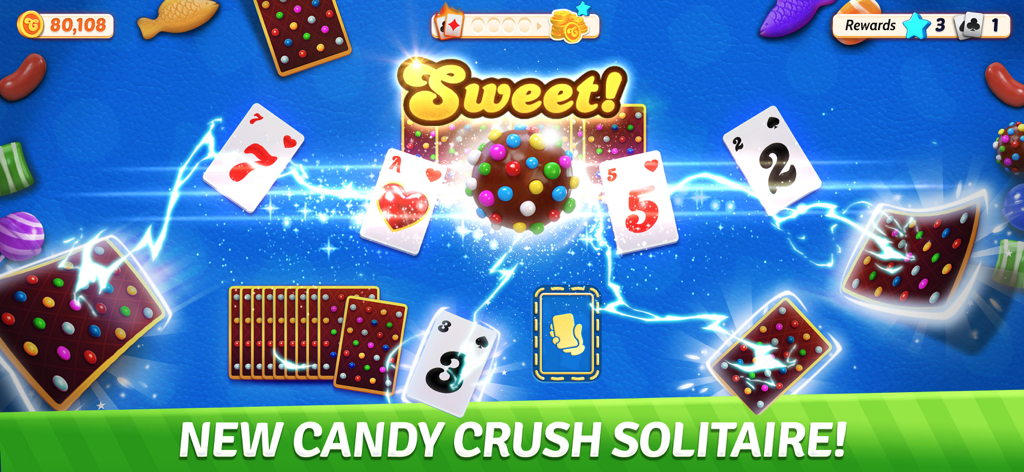 Candy Crush Solitaire - Candy Crush Solitaire gameplay featuring a color bomb booster clearing cards with electric effects and a Sweet message