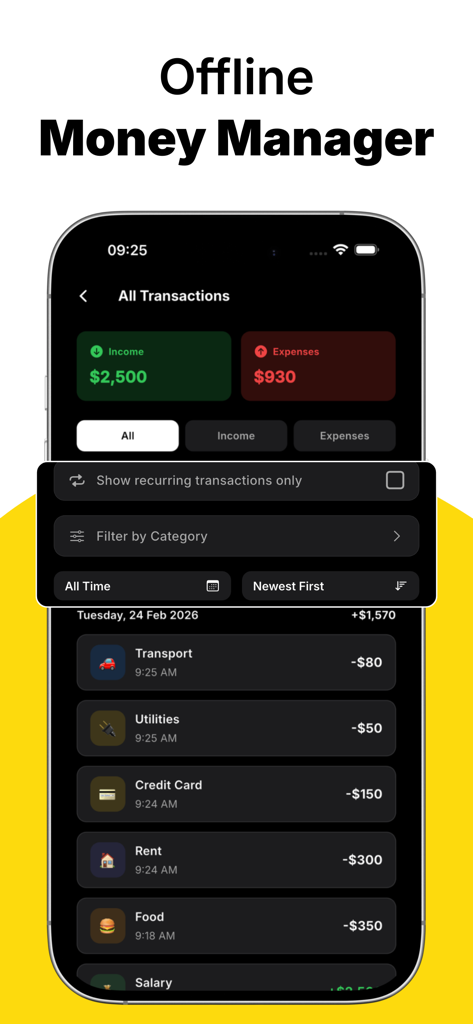 Money Manager: Moneyflo - Moneyflo App-Oberfläche zeigt Einnahmen- und Ausgabenübersichten mit gefilterter Transaktionshistorie.
