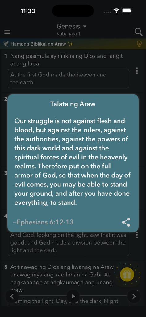 Tagalog Bible – Audio Offline - Aplicación de la Biblia Tagala mostrando el Versículo del Día de Efesios 6:12-13 en una interfaz de modo oscuro.