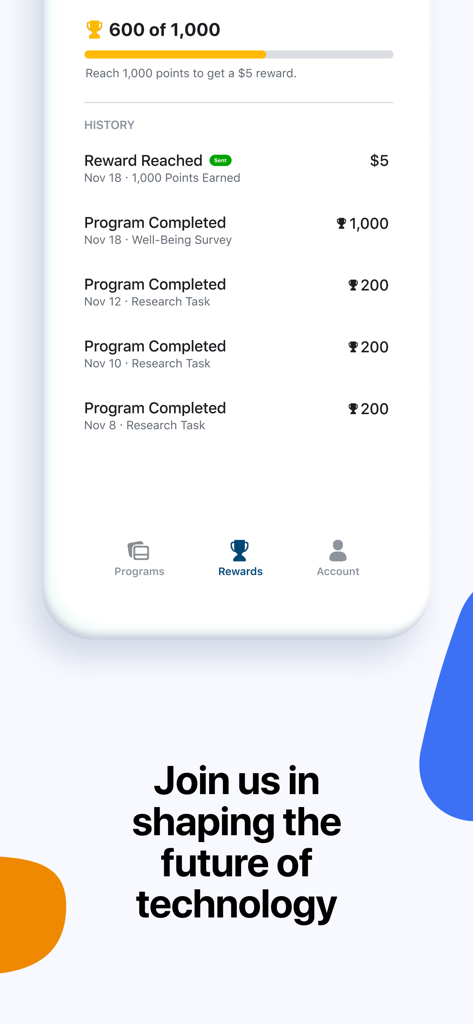 Meta Viewpoints app screen showing reward progress and completed task history