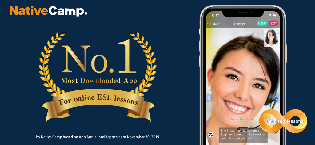 Native Camp - Native Camp app interface featuring a live English conversation lesson and a top ranked ESL app award