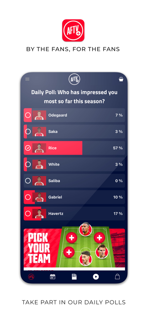 AFTV plus app screen showing a daily poll for Arsenal fans to vote on player performance