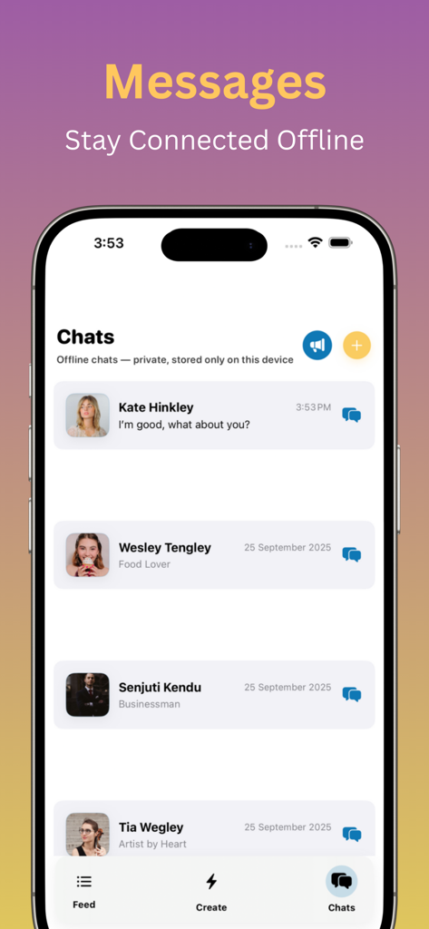 New Connect+ - Screenshot of the New Connect plus app showing a list of private offline chats