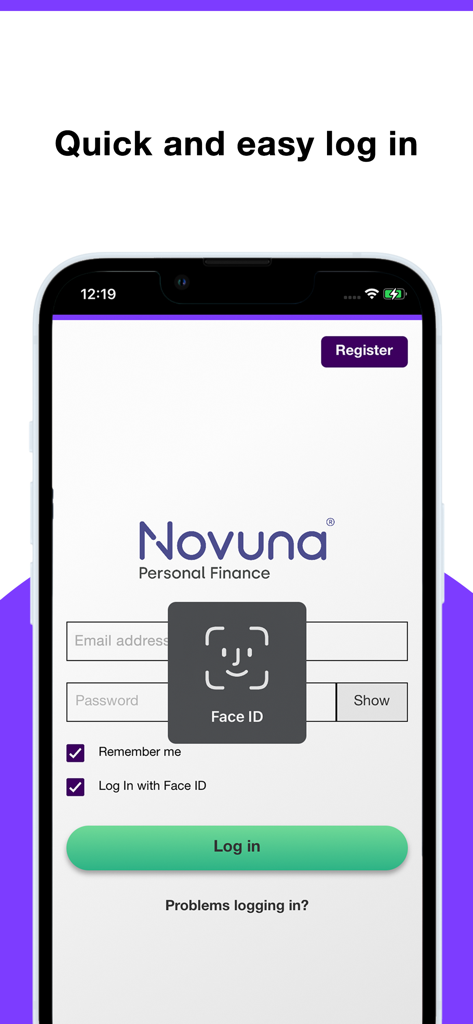 Novuna Personal Finance - Pantalla de inicio de sesión de la aplicación Novuna Financiación Personal con solicitud biométrica de Face ID