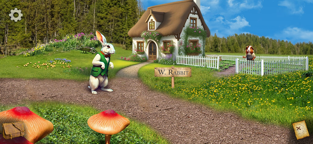 Adventure in Wonderland - El Conejo Blanco de pie frente a su cabaña con techo de paja en el juego Aventura en el País de las Maravillas.